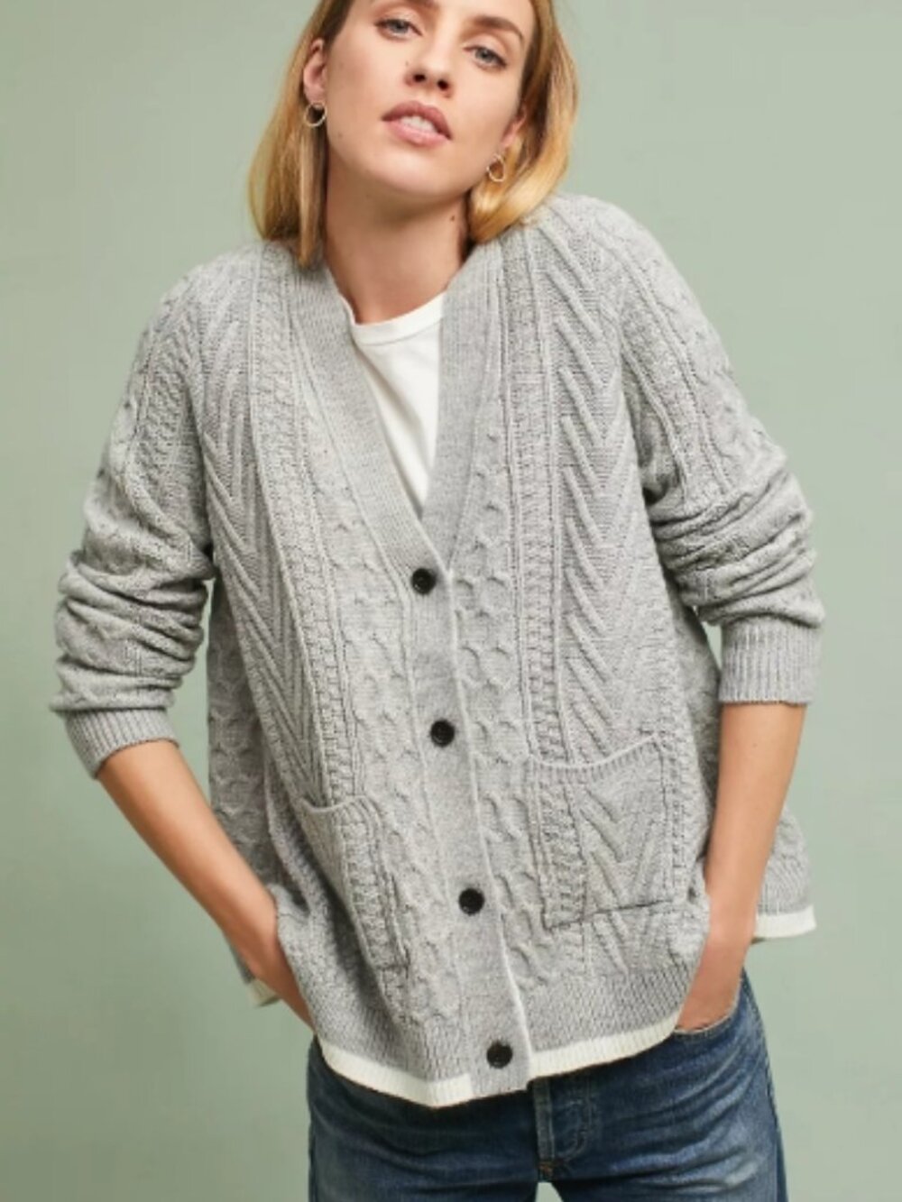 EUC ANTHROPOLOGIE LILI's CLOSET Swing Cable Cardigan Wool Blend Gray XS